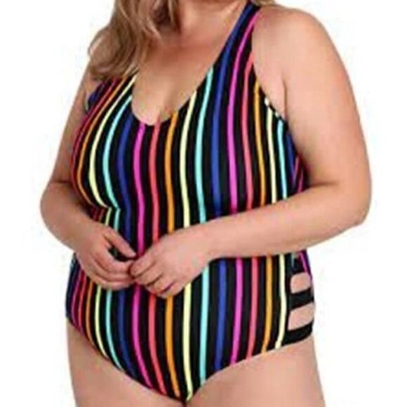 Z-255 LYSA Plus-Size Striped Racerback One-Piece Jadie Stripe sz 0X (14W-16W) - Picture 1 of 2